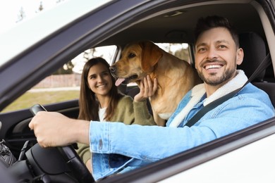 Photo of Happy couple and dog in car. Traveling with pet