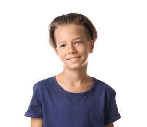 Photo of Portrait of cute little boy in casual outfit on white background