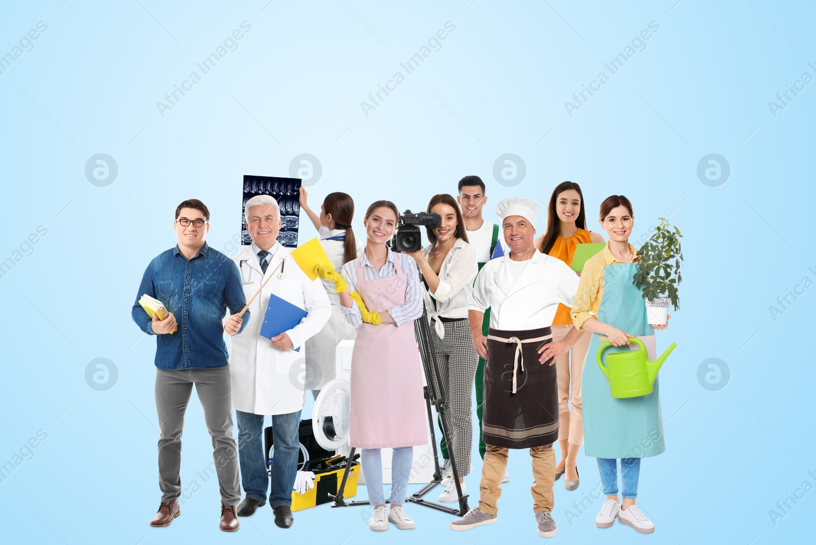 Image of Choosing profession. People of different occupations on light blue background