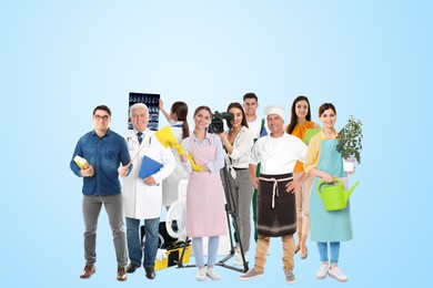 Choosing profession. People of different occupations on light blue background