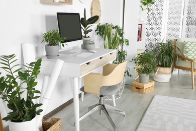 Photo of Comfortable workplace with modern computer and different houseplants in room