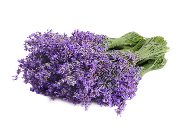 Beautiful lavender bouquets on white wooden table