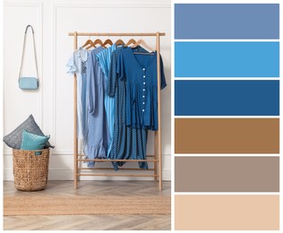 Color palette appropriate to photo of stylish women's clothes on rack in room