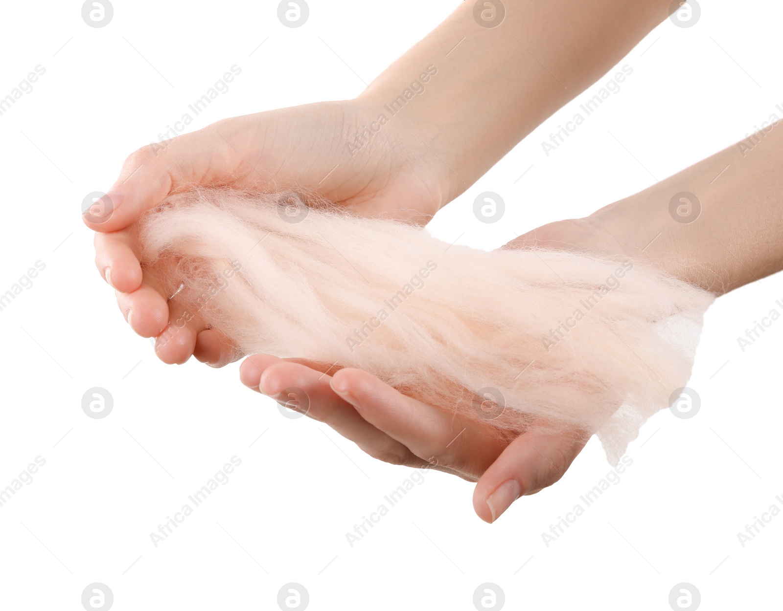 Photo of Woman holding beige felting wool on white background, closeup