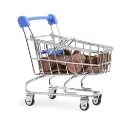 Photo of Small metal shopping cart with coins isolated on white