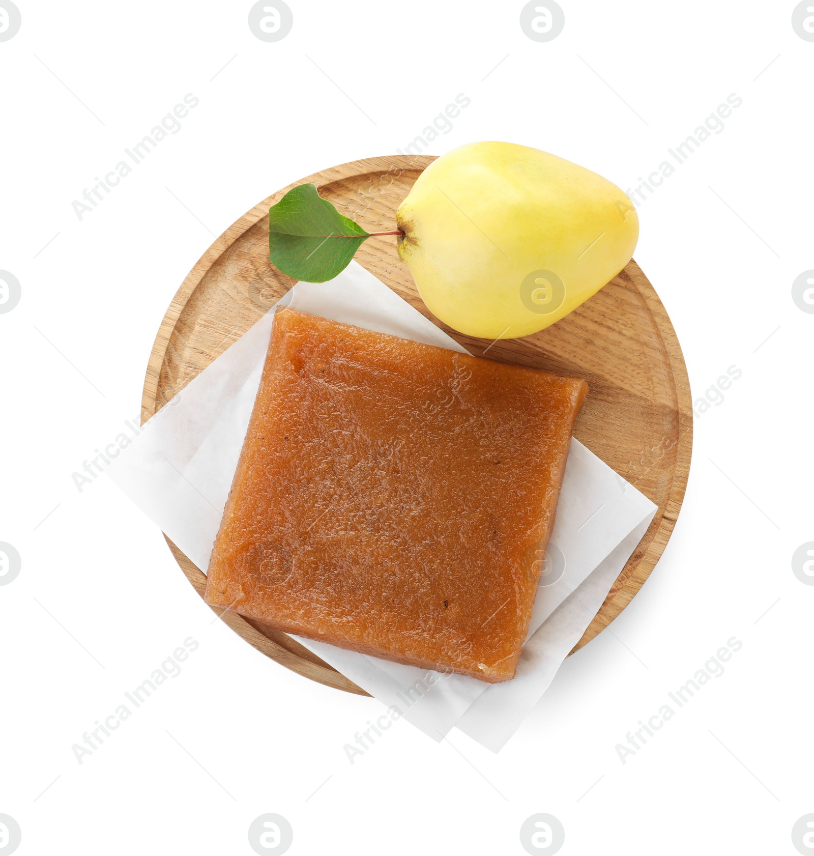 Photo of Delicious quince paste and fresh fruit on white background, top view