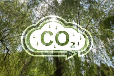 Image of Reduce CO2 emissions. Illustration of cloud with CO2 inscription, arrows and green trees, low angle view