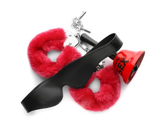 Set of different sex toys on white background, top view