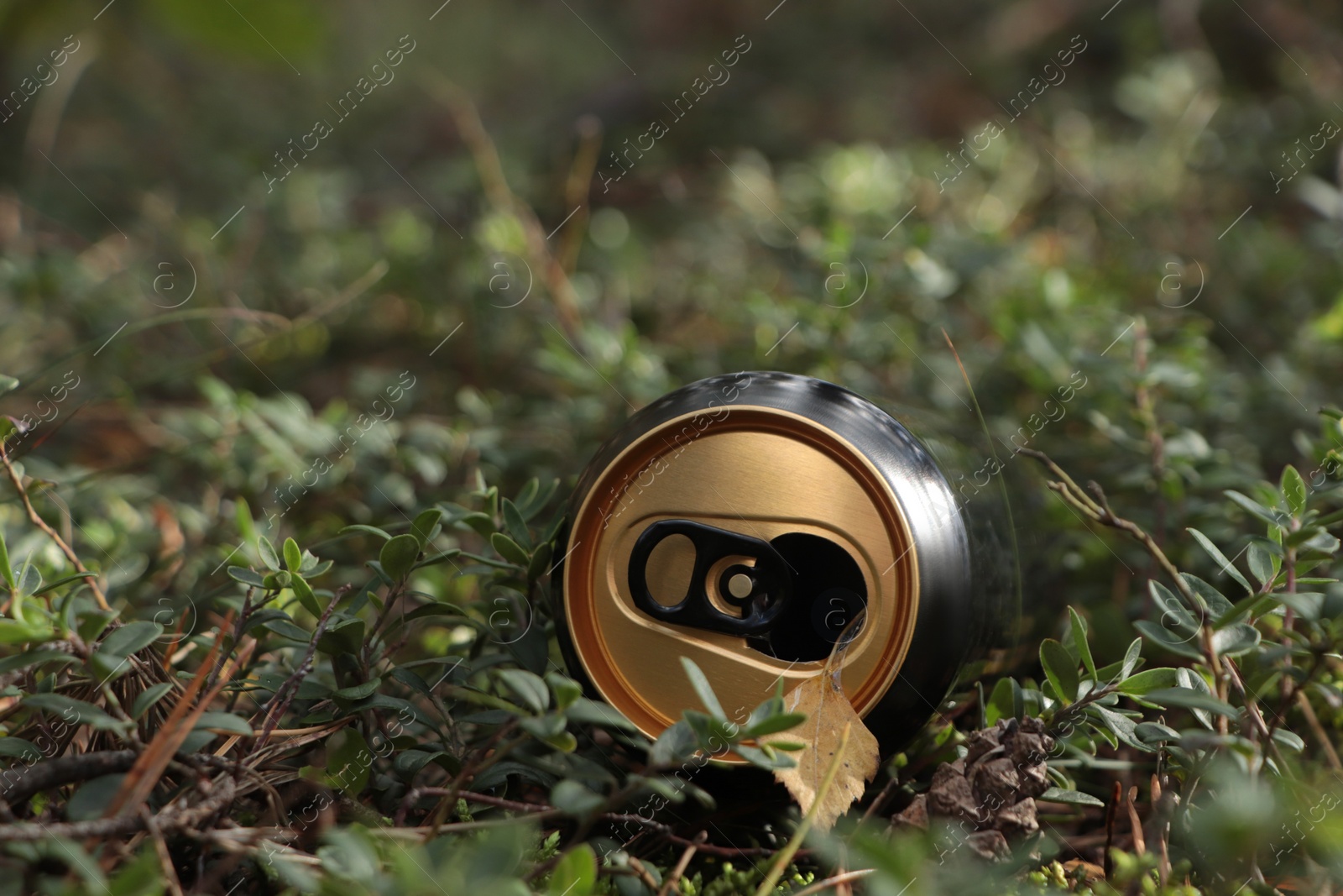 Photo of Used aluminium can on green grass outdoors, space for text. Recycling problem