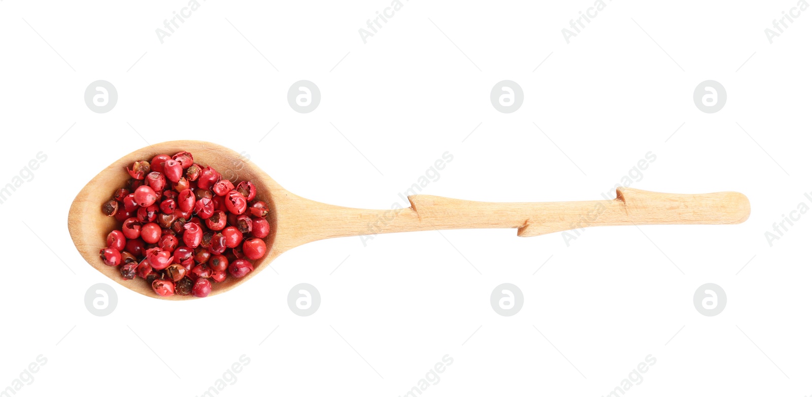 Photo of Spoon of red peppercorns isolated on white, top view