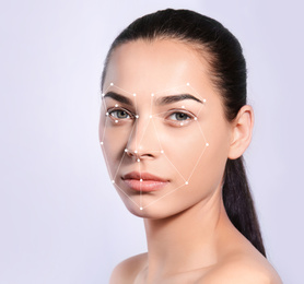 Image of Facial recognition system. Woman with digital biometric grid on white background