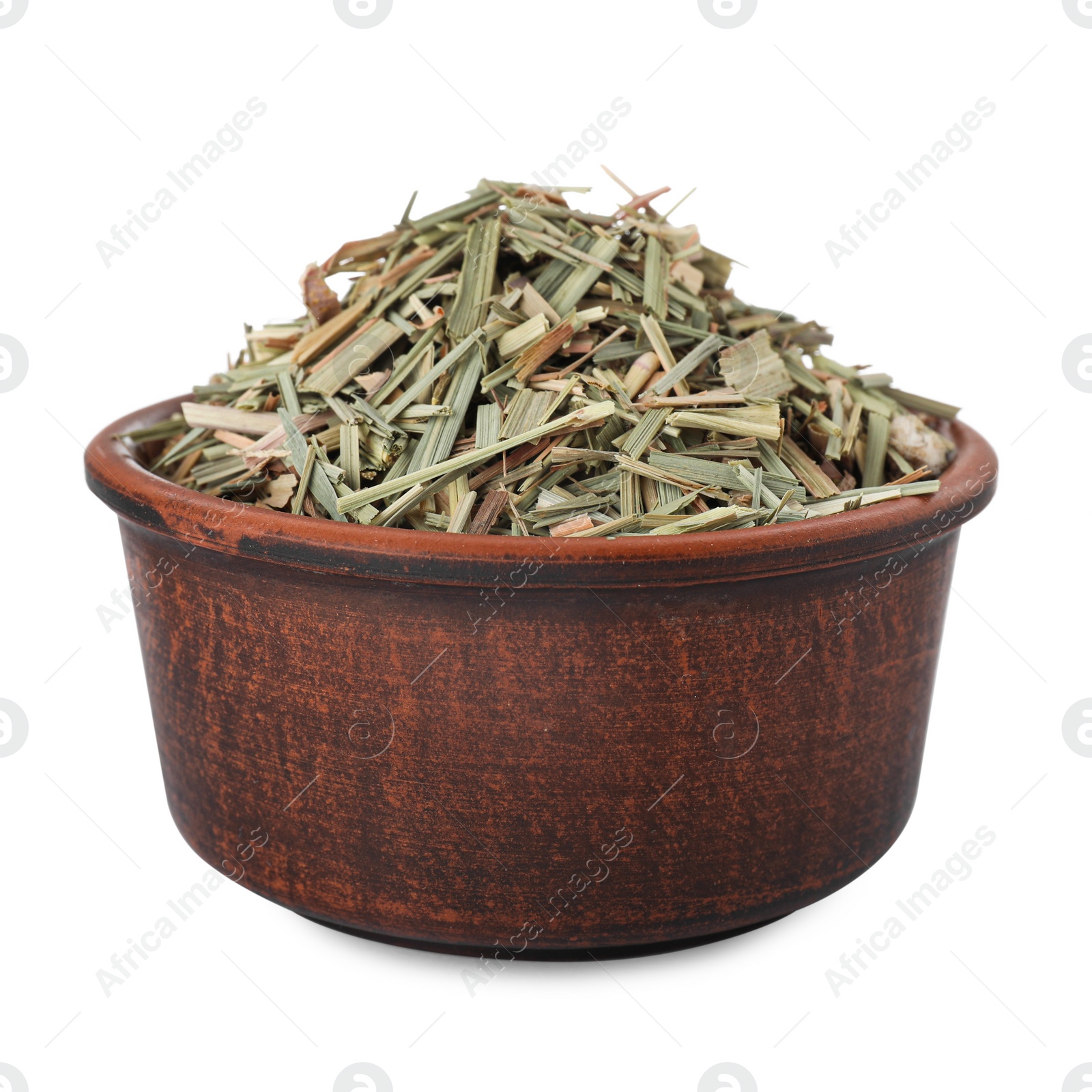 Photo of Bowl of aromatic dried lemongrass isolated on white