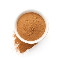 Photo of Bowl with aromatic cinnamon powder on white background