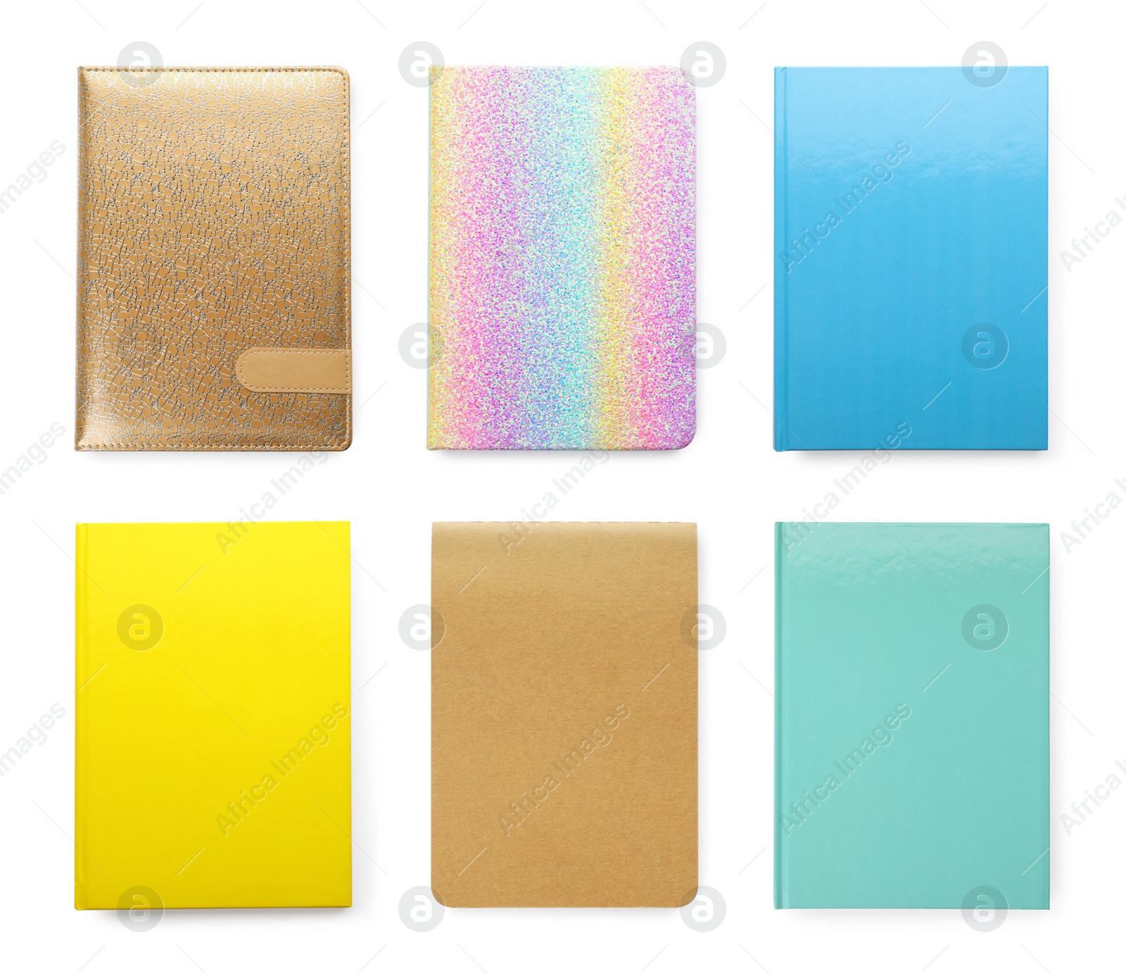 Image of Set with different stylish planners on white background, top view
