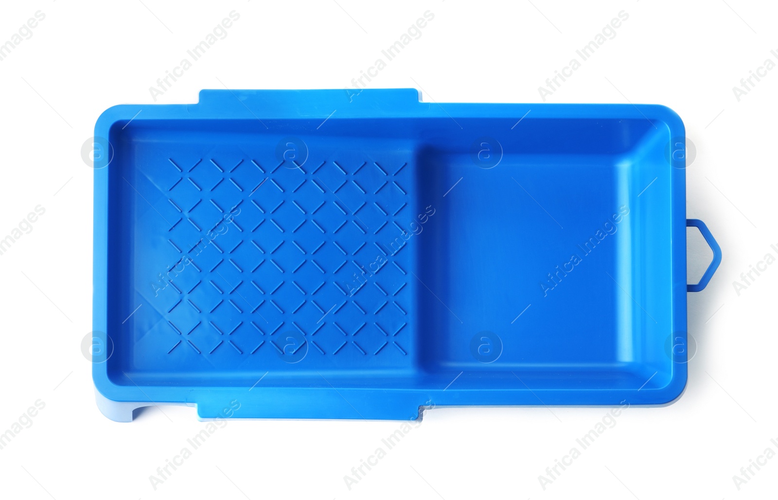 Photo of Empty plastic paint tray on white background, top view