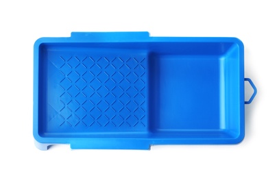 Empty plastic paint tray on white background, top view