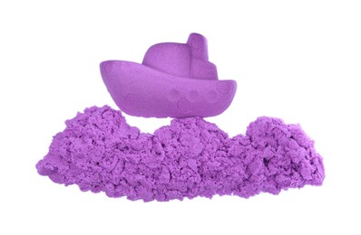 Photo of Ship made of kinetic sand on white background, top view