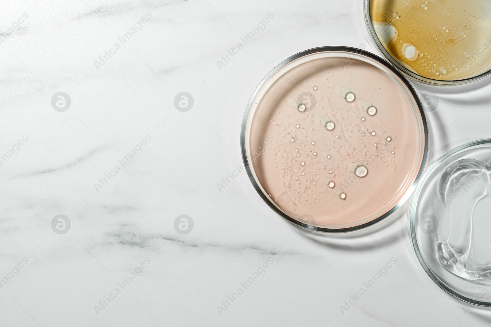 Photo of Petri dishes with liquids on white marble table, flat lay. Space for text