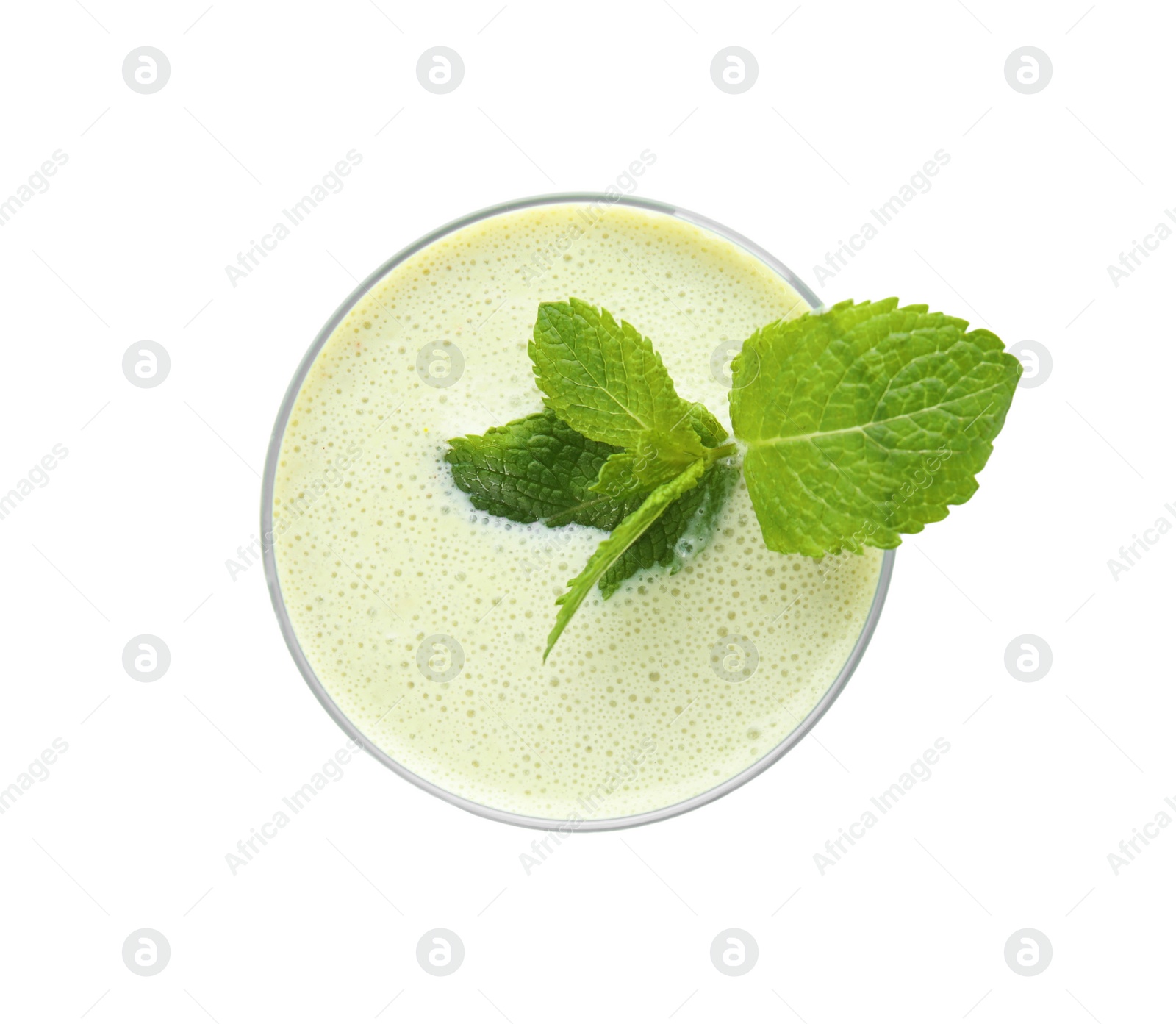 Photo of Tasty milk shake with mint isolated on white, top view