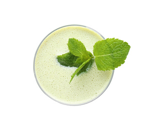 Tasty milk shake with mint isolated on white, top view