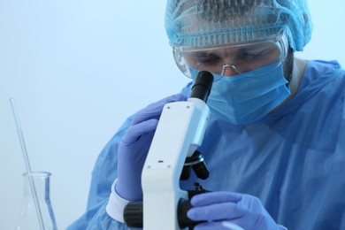Photo of Scientist working with microscope in laboratory, space for text. Medical research