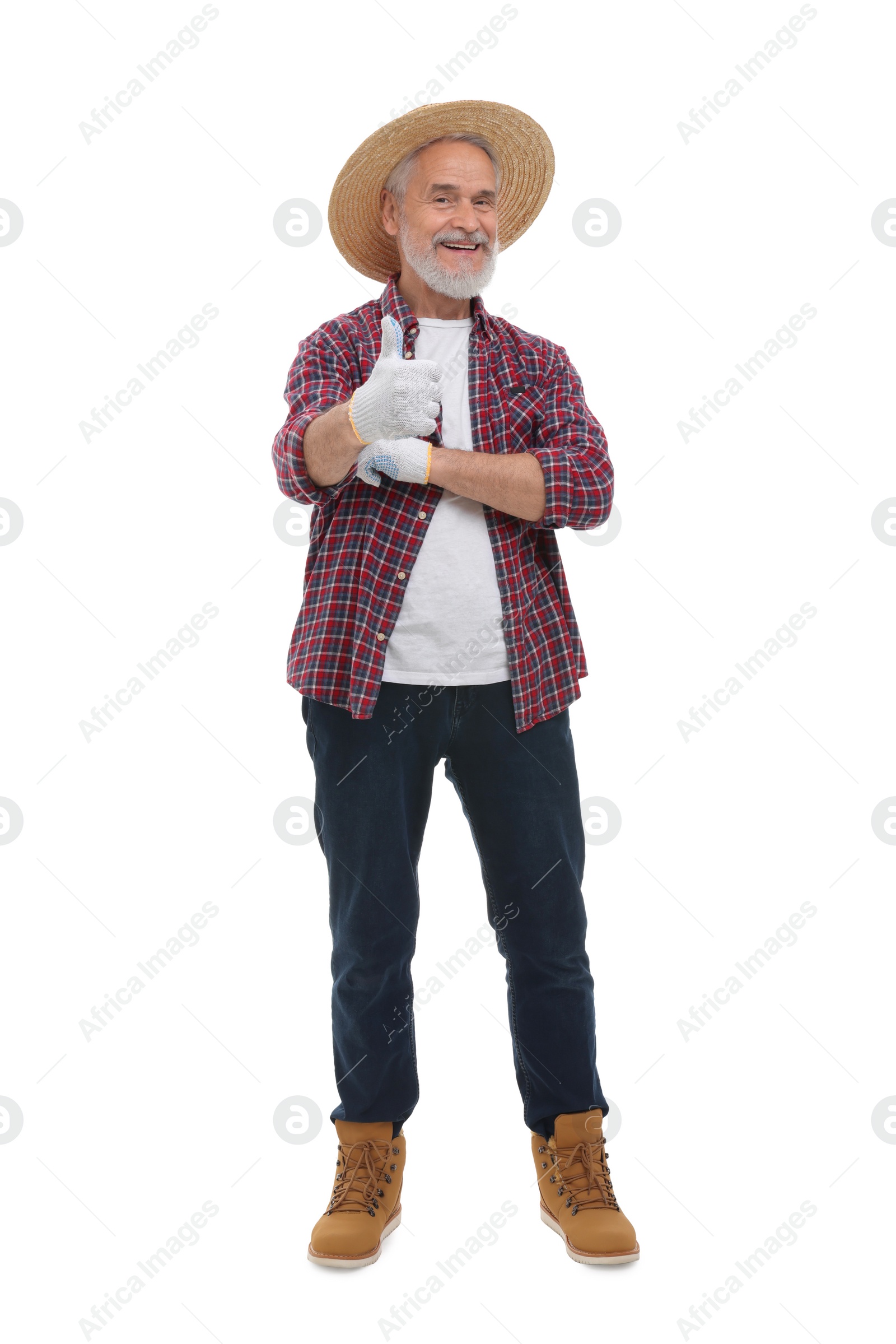 Photo of Harvesting season. Happy farmer showing thumb up on white background