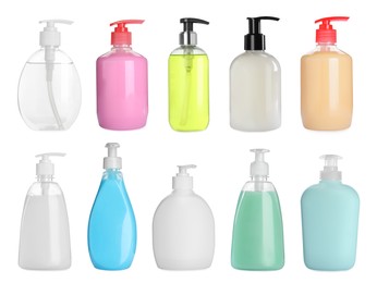 Image of Set with different bottles of liquid soap on white background