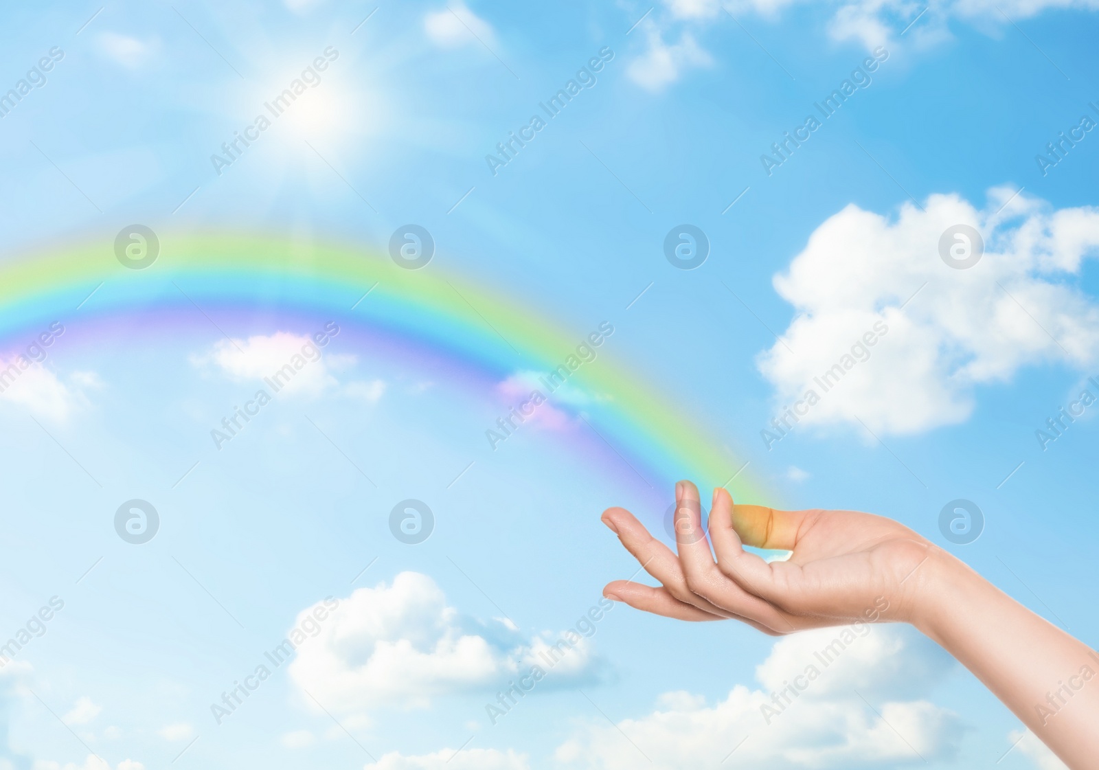 Image of Woman and rainbow as source of healing energy on sunny day, closeup