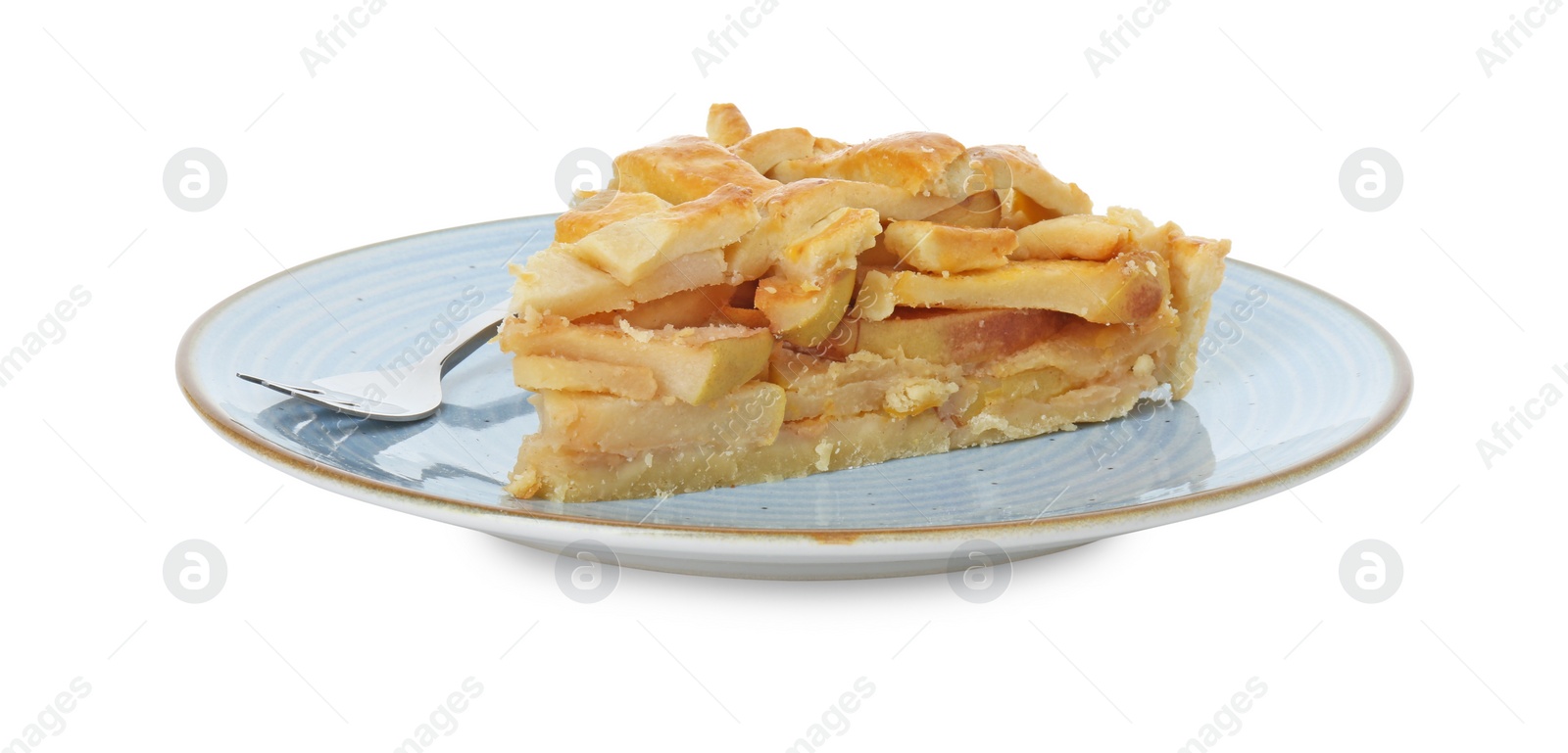 Photo of Plate with piece of tasty homemade quince pie and fork isolated on white