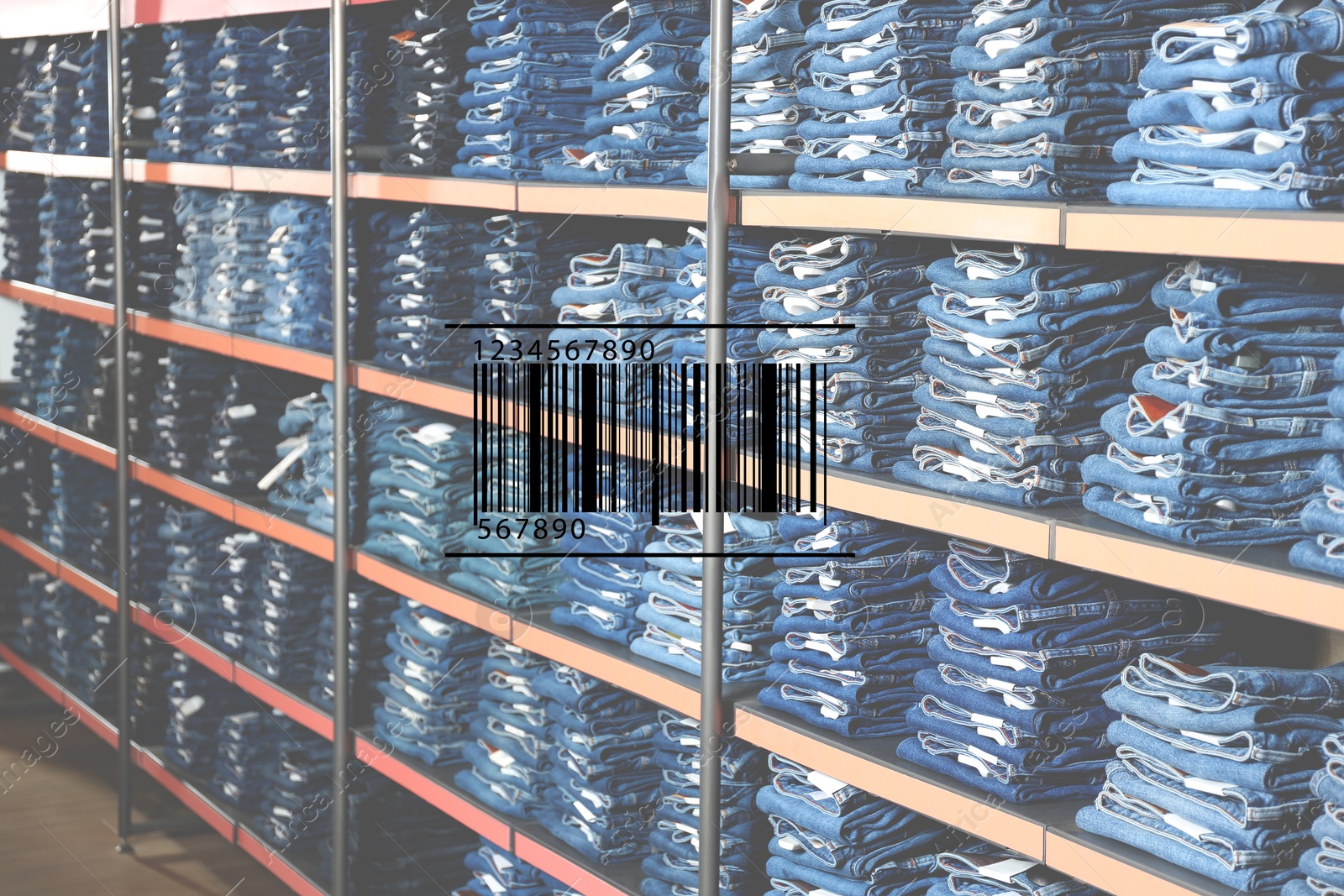 Image of Barcode and collection of stylish jeans on shelves in wholesale shop