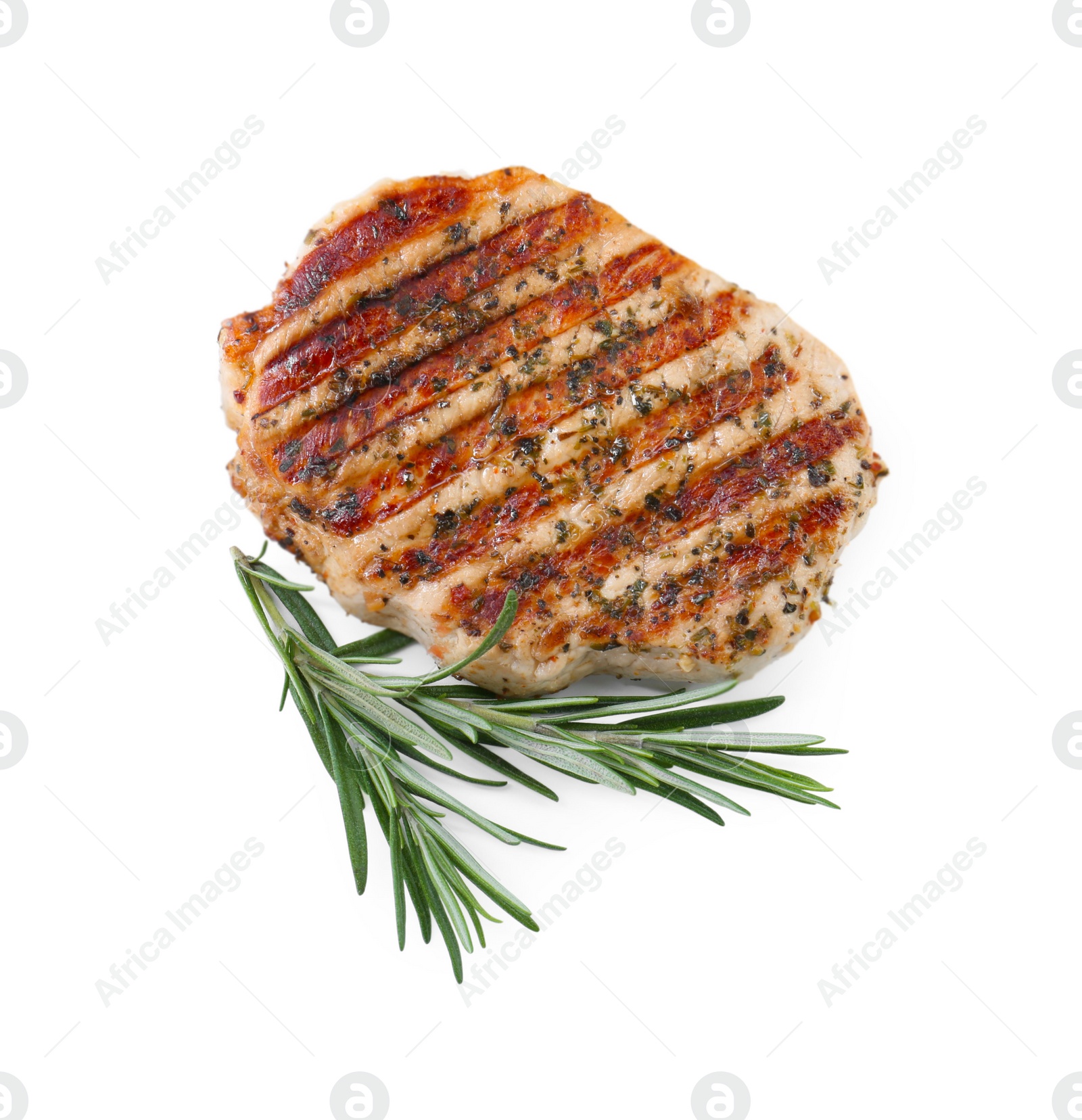 Photo of Delicious grilled pork steak and rosemary on white background, top view