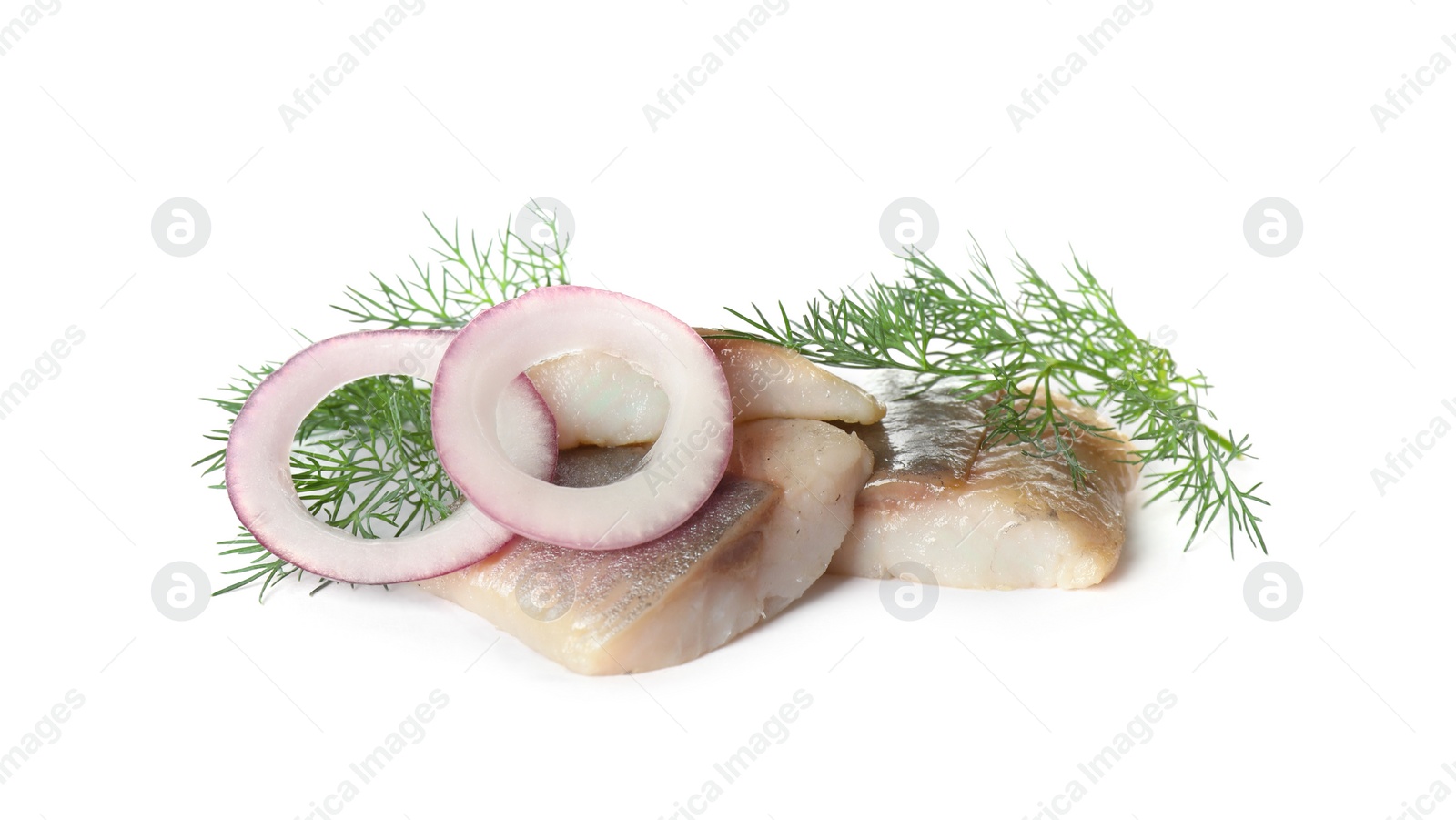 Photo of Delicious salted herring slices with onion rings and dill  on white background