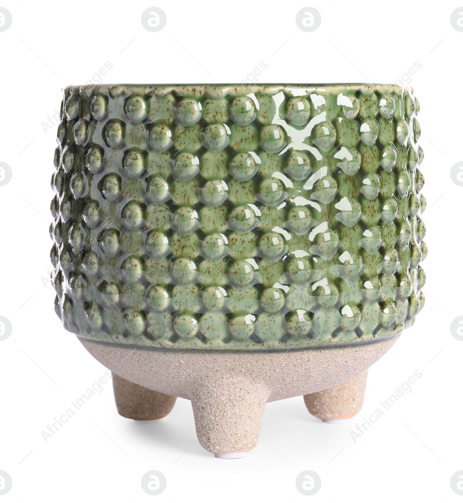 Photo of Stylish ceramic flowerpot with beautiful pattern isolated on white