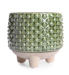 Stylish ceramic flowerpot with beautiful pattern isolated on white