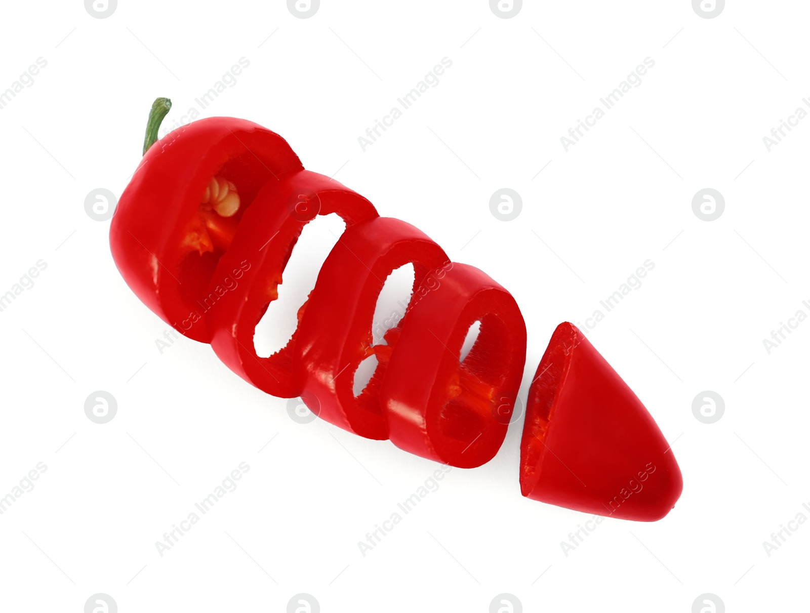 Photo of Cut red hot chili pepper isolated on white, top view