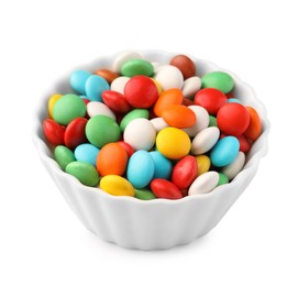 Photo of Bowl with colorful candies isolated on white