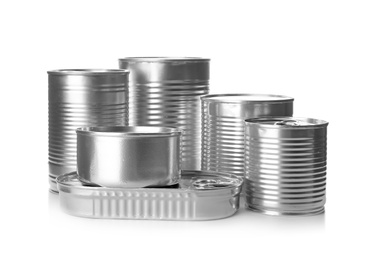 Mockup of tin cans with food on white background