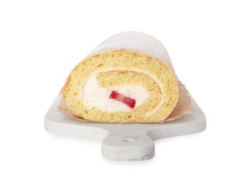 Photo of Delicious sponge cake roll with strawberries and cream isolated on white