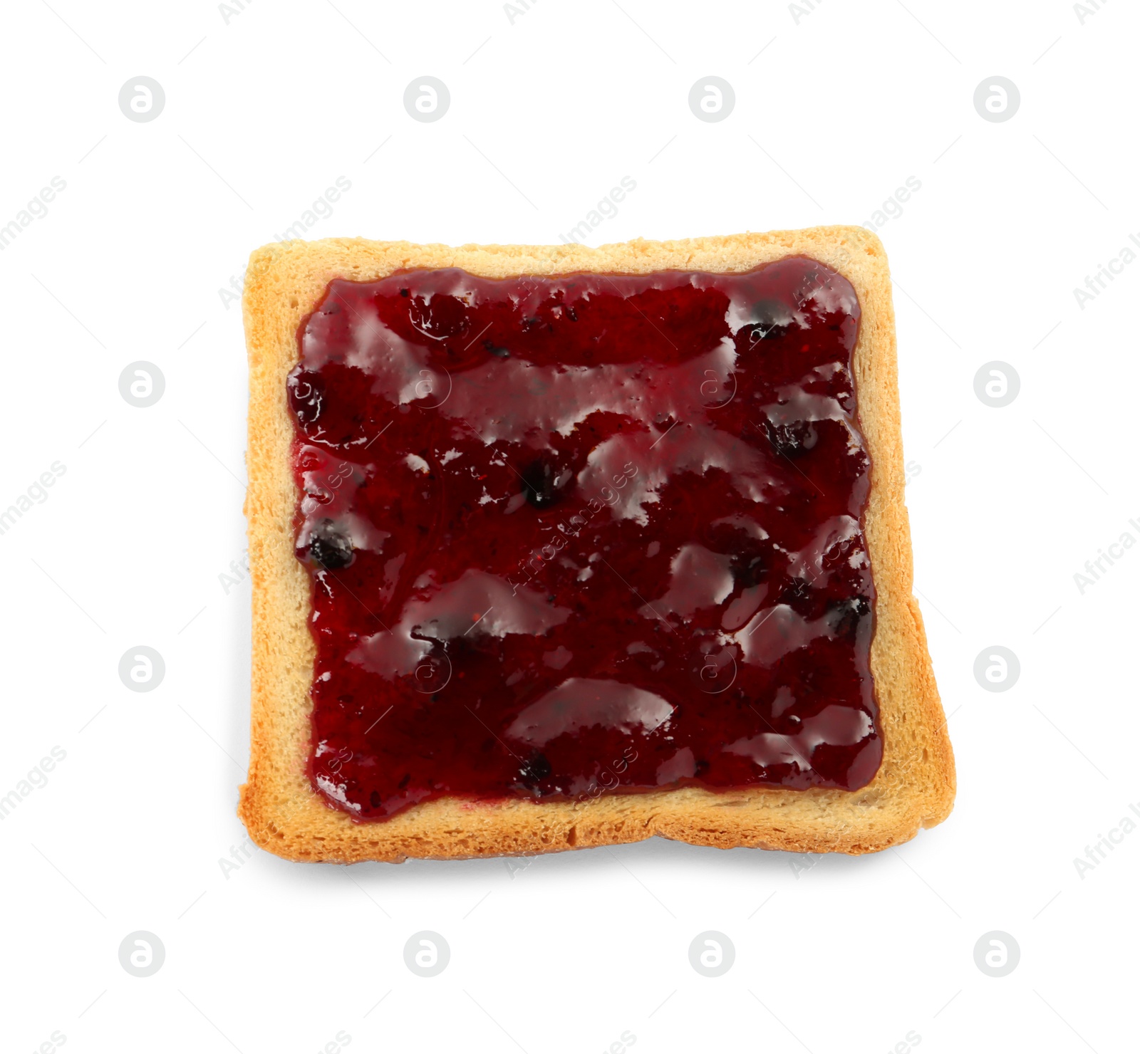 Photo of Toast with tasty blueberry jam on white background, top view