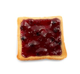 Photo of Toast with tasty blueberry jam on white background, top view