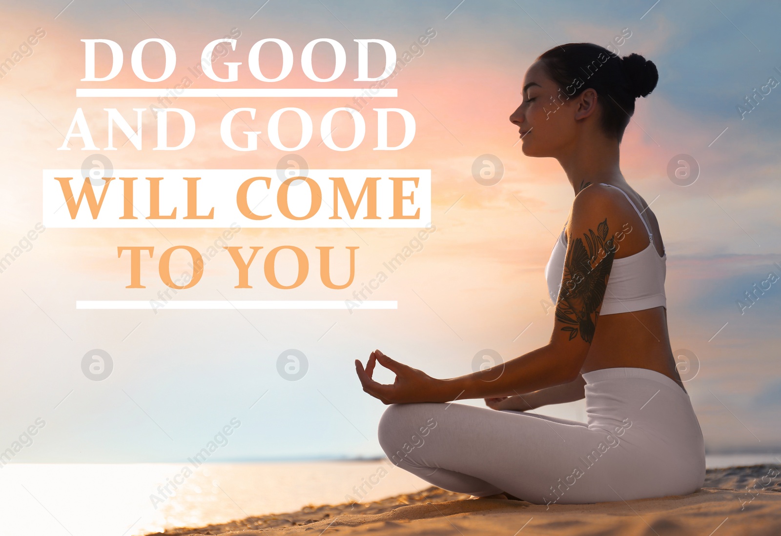 Image of Do Good And Good Will Come To You. Inspirational quote reminding about great balance in universe. Text against view of woman meditating near river in morning