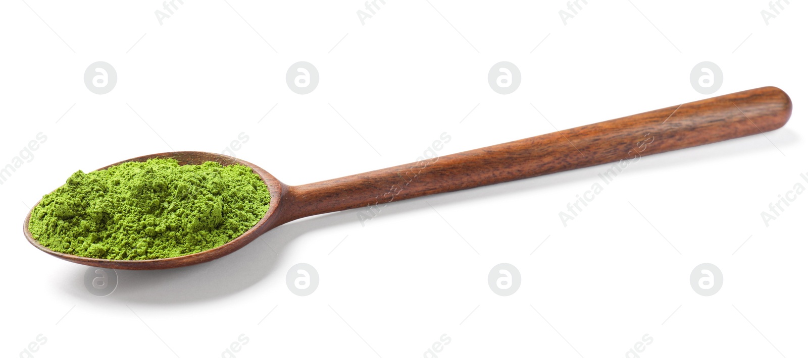 Photo of Spoon of green matcha powder isolated on white