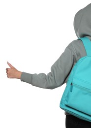 Photo of Woman with backpack hitchhiking on white background, closeup