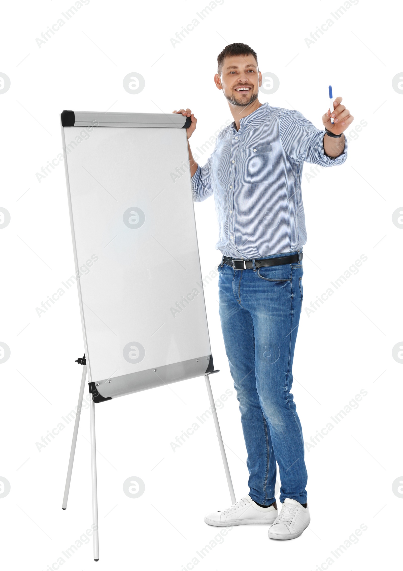 Photo of Professional business trainer near flip chart board on white background. Space for text