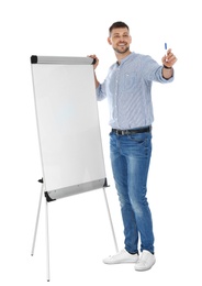 Photo of Professional business trainer near flip chart board on white background. Space for text