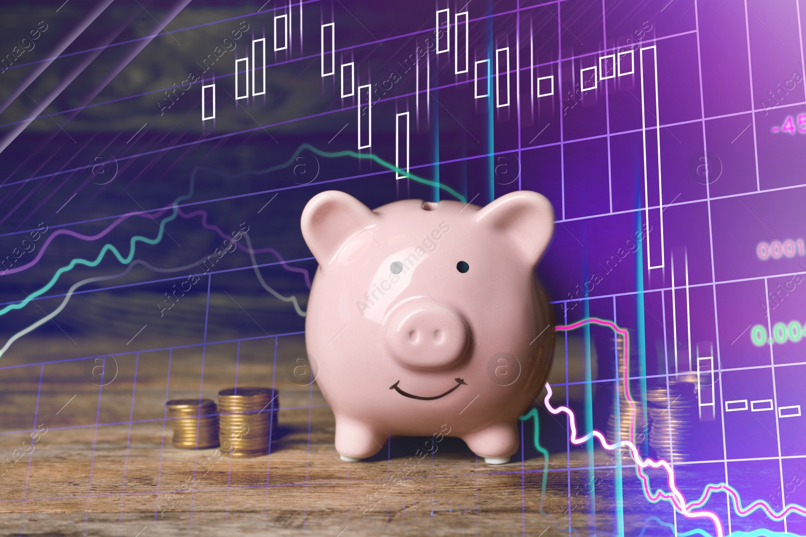 Image of Piggy bank with coins on wooden table. Illustration of financial graphs