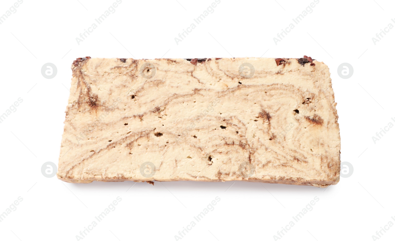 Photo of Piece of tasty chocolate halva isolated on white, top view