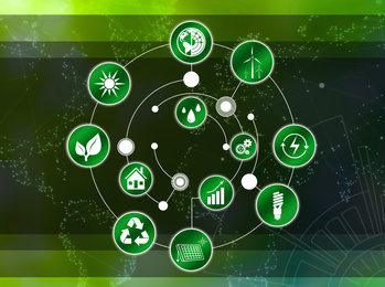 Image of Energy efficiency concept. Different icons on color background
