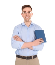 Young male teacher with book on white background