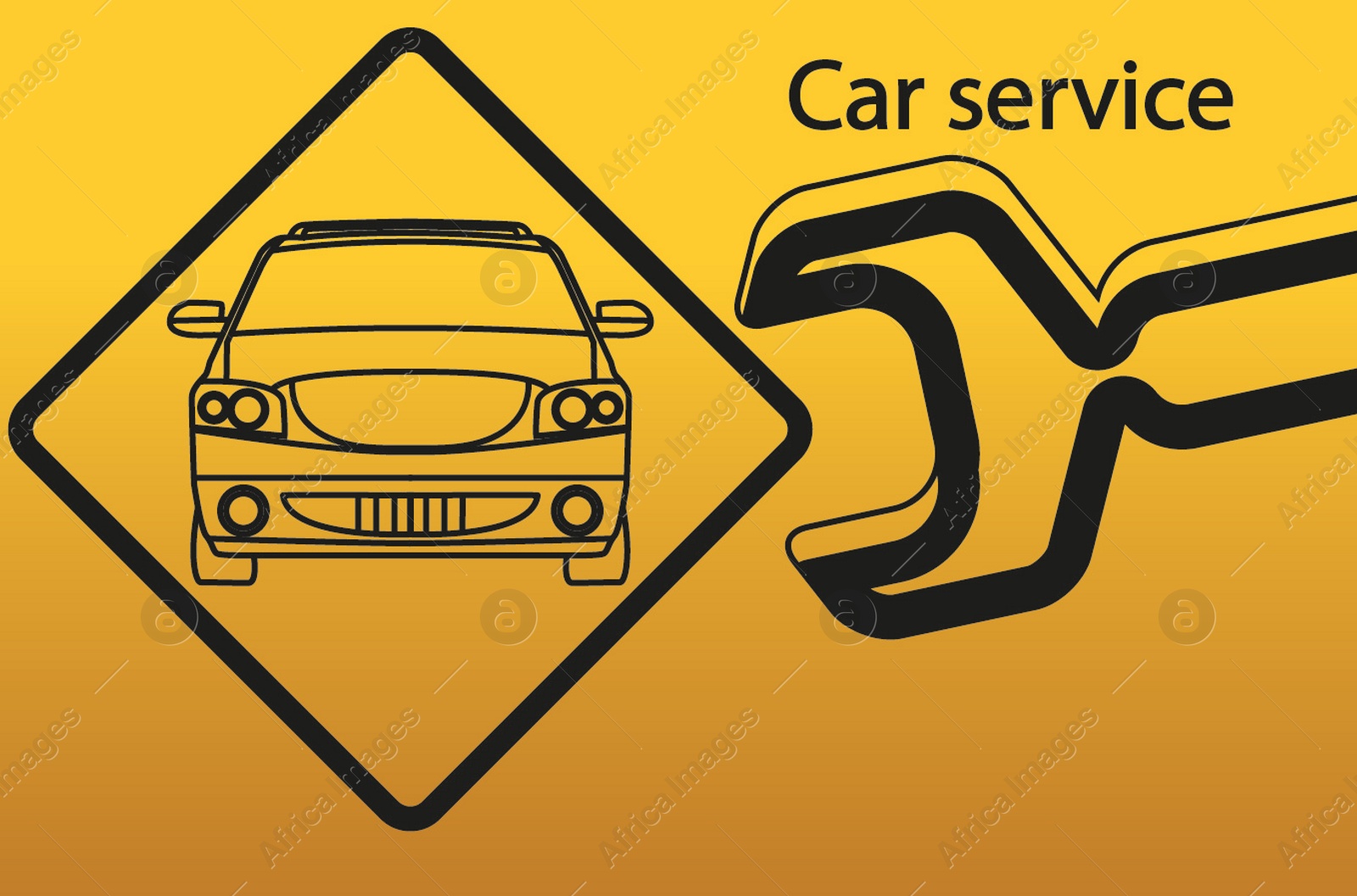 Illustration of  auto and wrench on yellow background. Car service logo